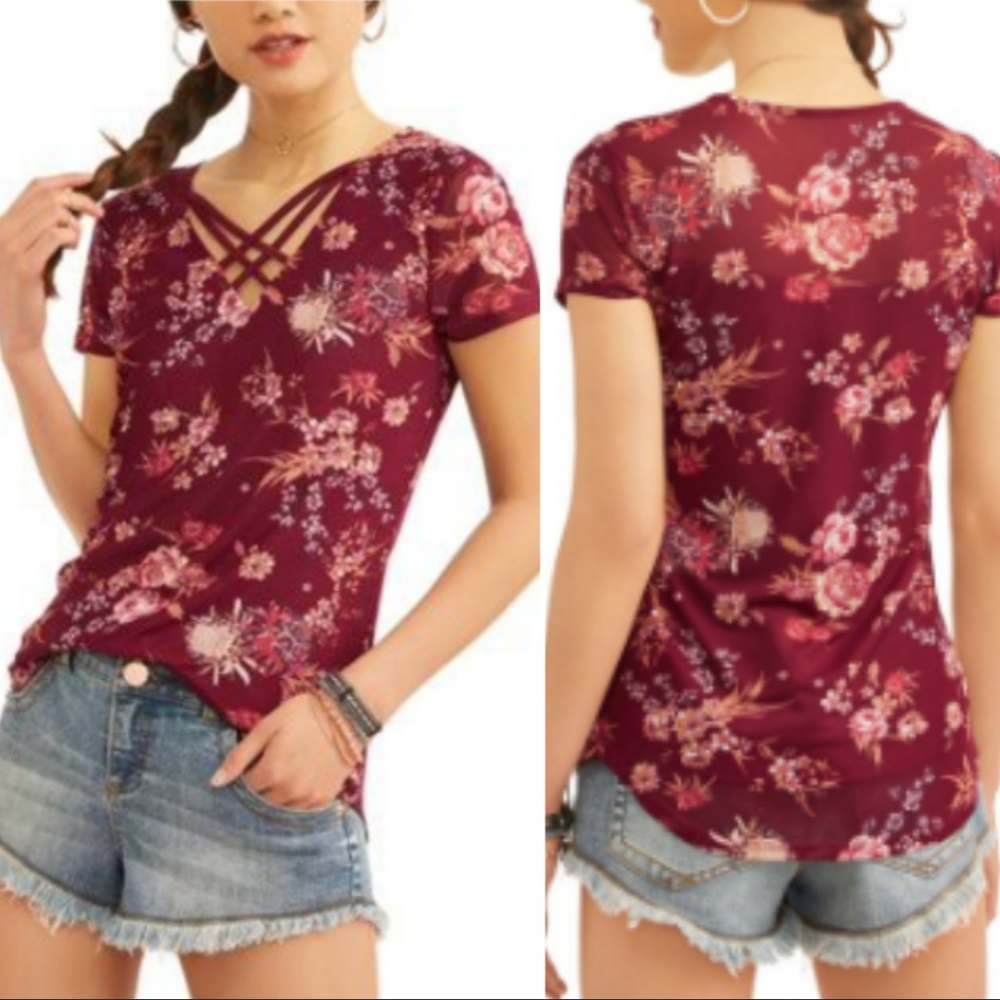Floral Print Cage Neckline Mesh Flowy Top
